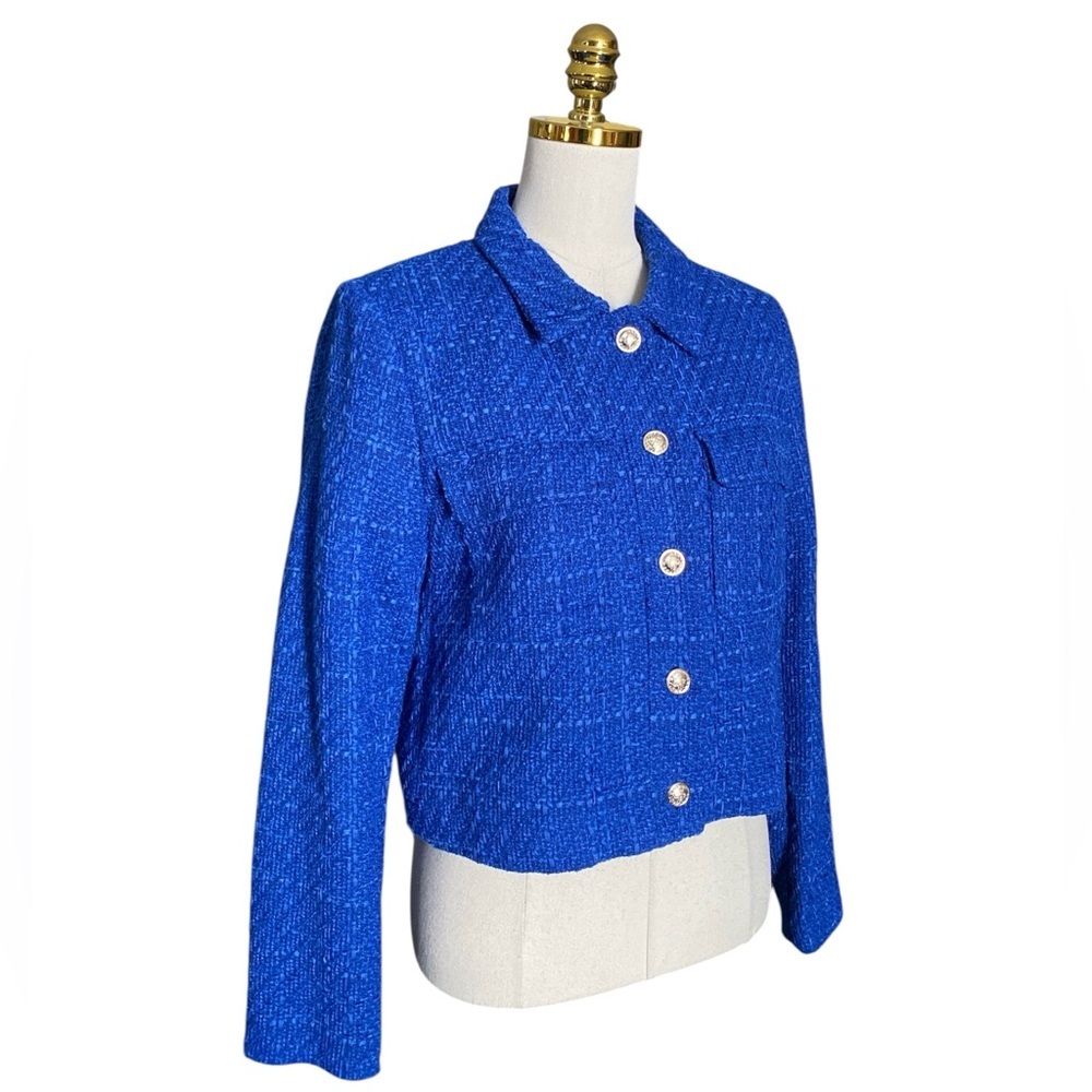 Rachel Zoe Women Cobalt Blue Tweed Cropped Office Preppy Classic Jacket Medium - Picture 2 of 7